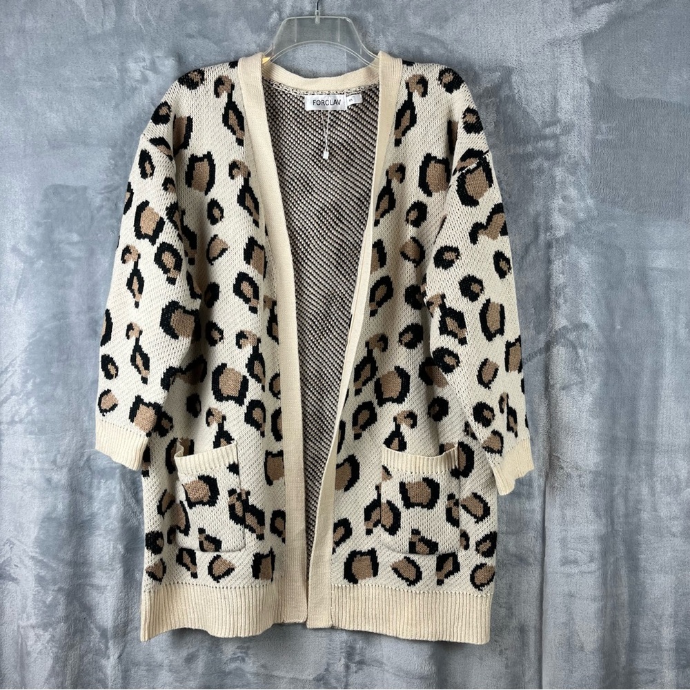 Forolav Leopard Cardigan Sz Small Cream Black Open Front Pockets Boho